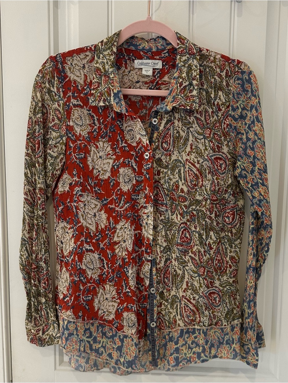 Coldwater Creek Multi-Panel Floral Paisley Button-Down Shirt - Red, Blue, Green